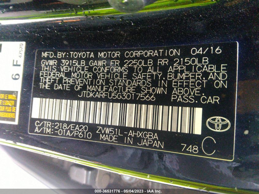 2016 TOYOTA PRIUS FOUR - JTDKARFU5G3017566
