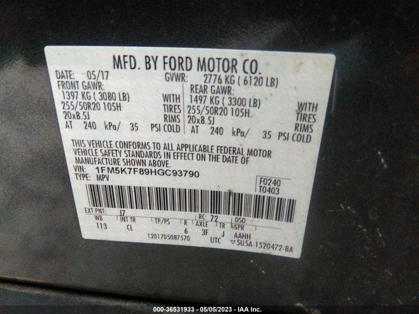 2017 FORD EXPLORER LIMITED - 1FM5K7F89HGC93790