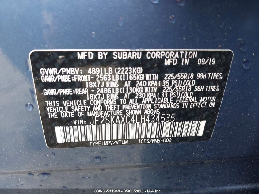 2020 SUBARU FORESTER TOURING - JF2SKAXC4LH434535
