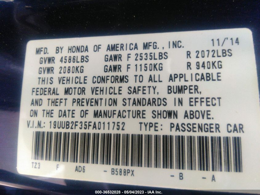 2015 ACURA TLX V6 - 19UUB2F35FA011752