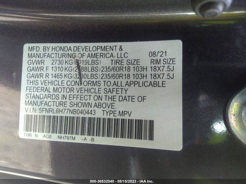 2022 HONDA ODYSSEY EX-L - 5FNRL6H77NB040443