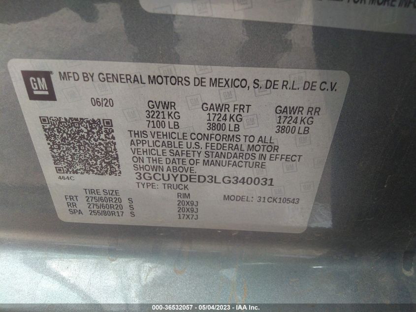 2020 CHEVROLET SILVERADO 1500 LT - 3GCUYDED3LG340031