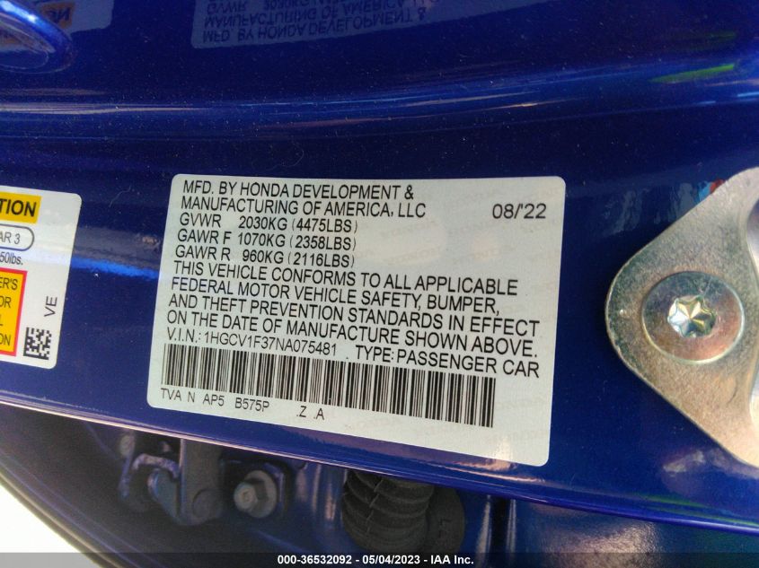 1HGCV1F37NA075481 Honda Accord SPORT 9