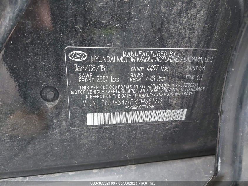 VIN 5NPE34AFXJH681912 2018 HYUNDAI SONATA SPORT