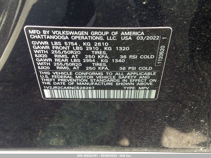2022 VOLKSWAGEN ATLAS 3.6L V6 SE W/TECHNOLOGY - 1V2JR2CA6NC528267