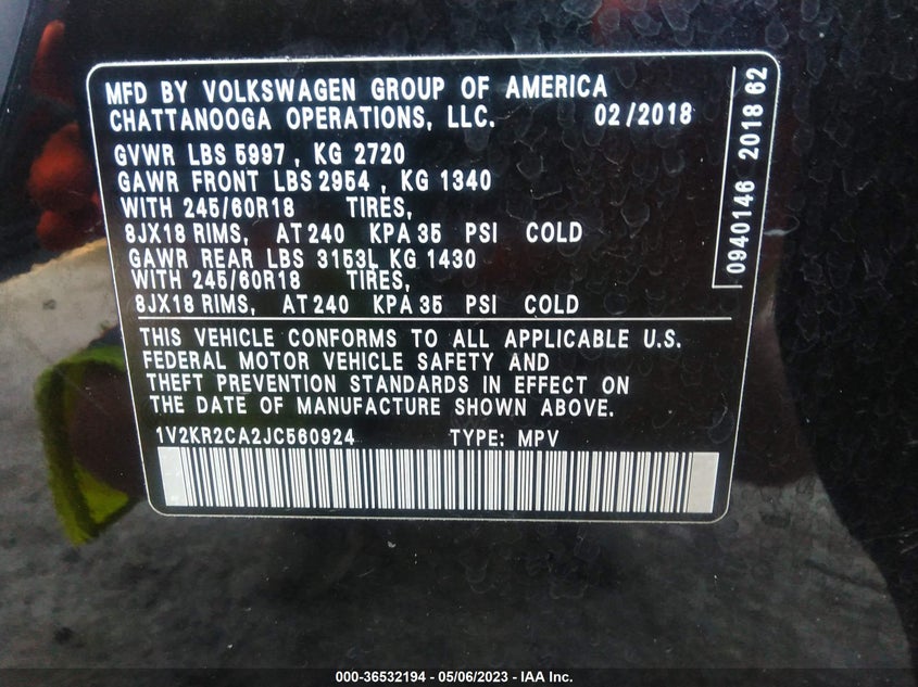 VIN 1V2KR2CA2JC560924 2018 VOLKSWAGEN ATLAS 3.6L V6 SE