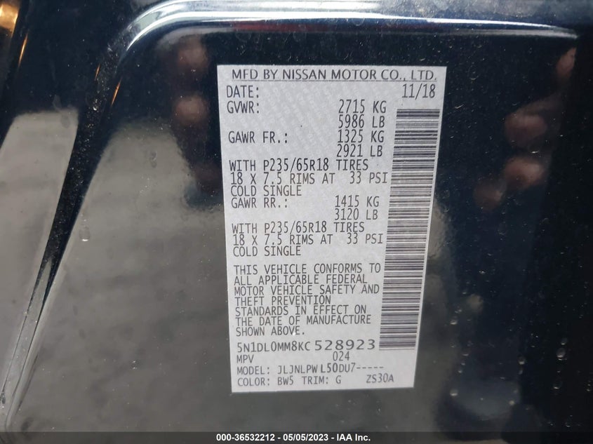 VIN 5N1DL0MM8KC528923 2019 INFINITI QX60 PURE