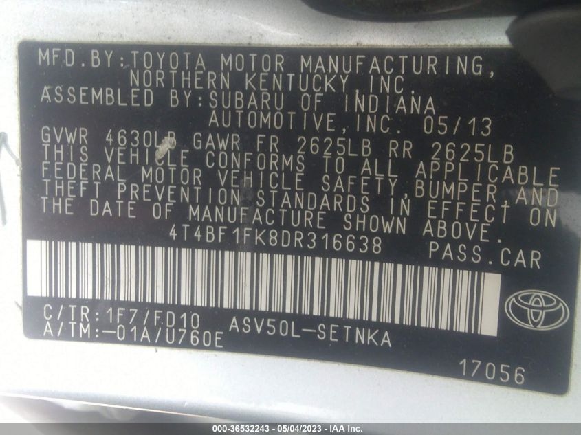 2013 TOYOTA CAMRY L/LE/SE/XLE - 4T4BF1FK8DR316638