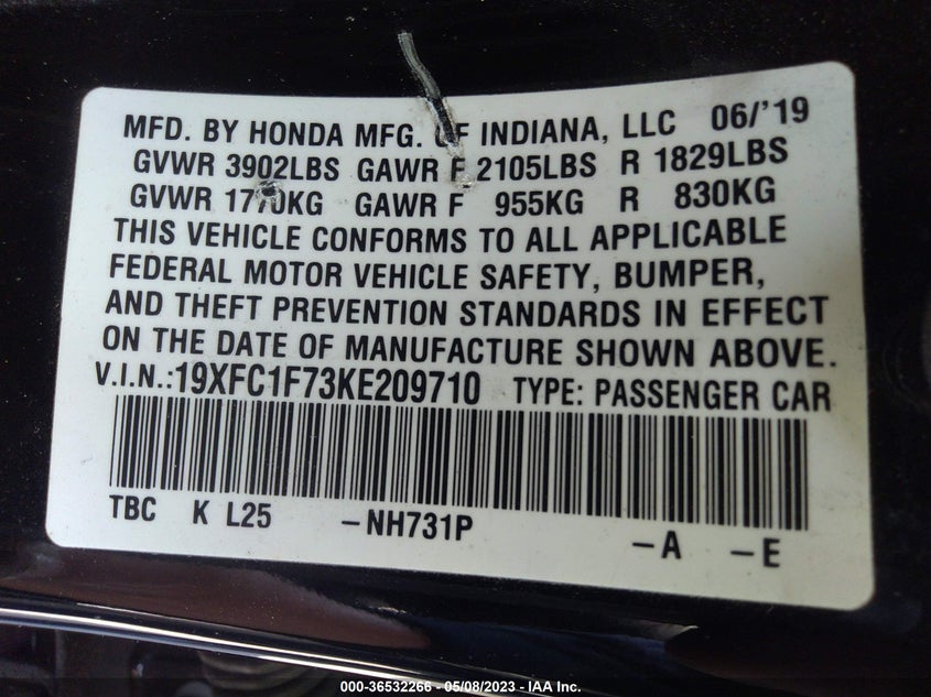 VIN 19XFC1F73KE209710 2019 HONDA CIVIC SEDAN EX-L