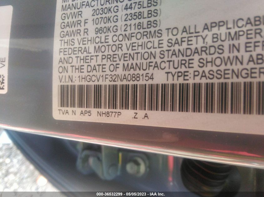 2022 HONDA ACCORD SEDAN SPORT - 1HGCV1F32NA088154