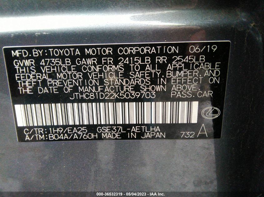 2019 LEXUS IS IS 300 - JTHC81D22K5039703