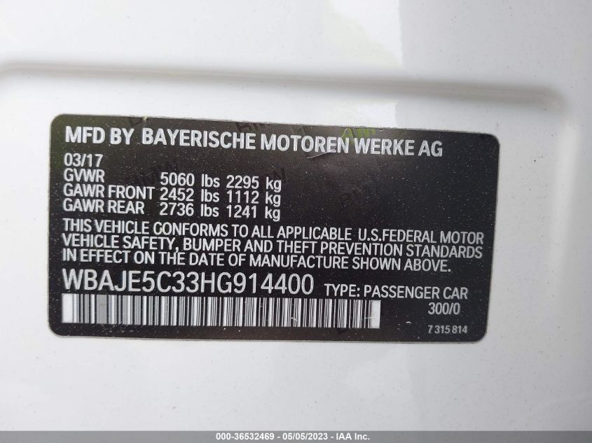 2017 BMW 5 SERIES 540I - WBAJE5C33HG914400