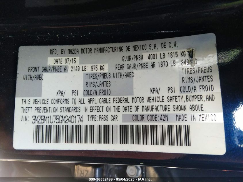 2016 MAZDA MAZDA3 I SPORT - 3MZBM1U75GM240174