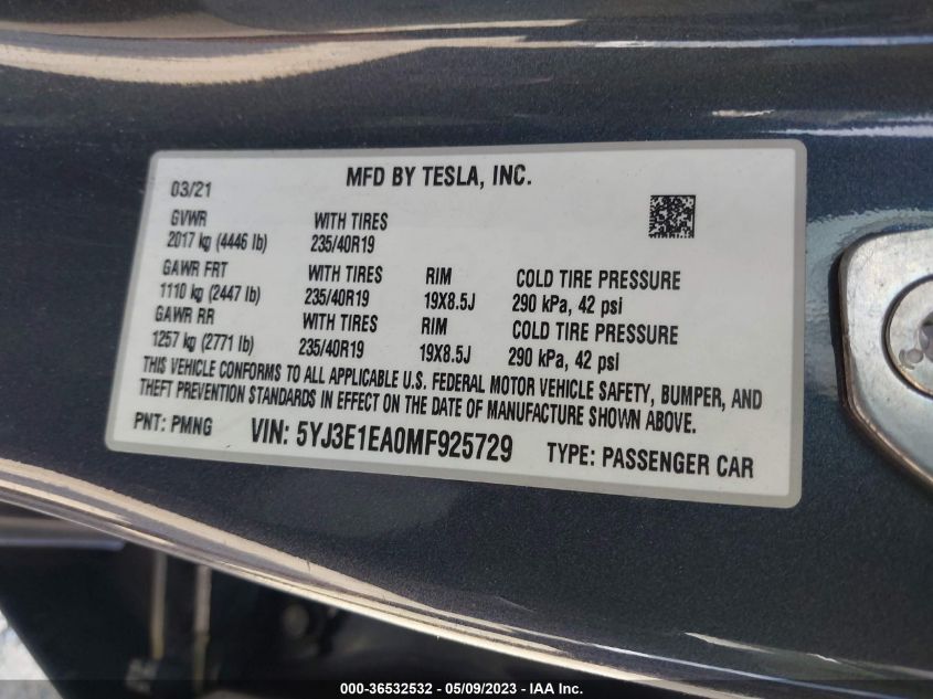 2021 TESLA MODEL 3 STANDARD RANGE PLUS - 5YJ3E1EA0MF925729