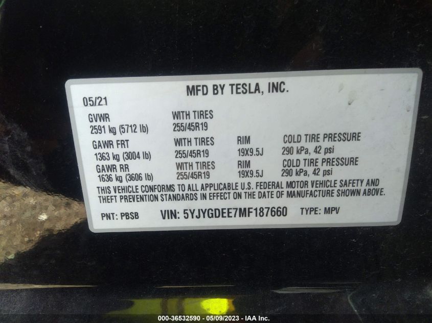 2021 TESLA MODEL Y LONG RANGE - 5YJYGDEE7MF187660