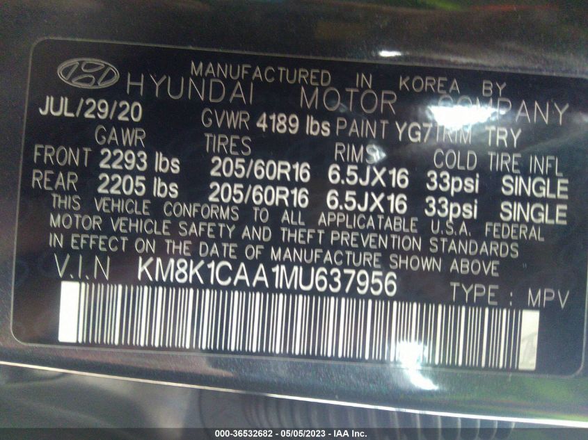 2021 HYUNDAI KONA SE - KM8K1CAA1MU637956