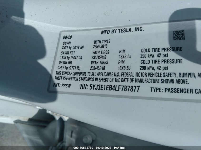 2020 TESLA MODEL 3 LONG RANGE - 5YJ3E1EB4LF787877