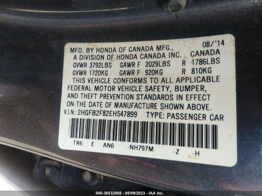 2014 HONDA CIVIC SEDAN EX - 2HGFB2F82EH547899