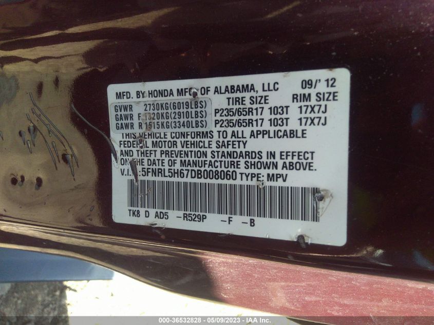 VIN 5FNRL5H67DB008060 2013 HONDA ODYSSEY no.9