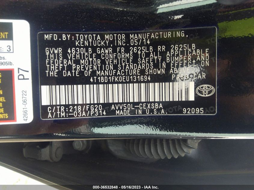 2014 TOYOTA CAMRY HYBRID LE/XLE/SE LIMITED EDITION - 4T1BD1FK0EU131694