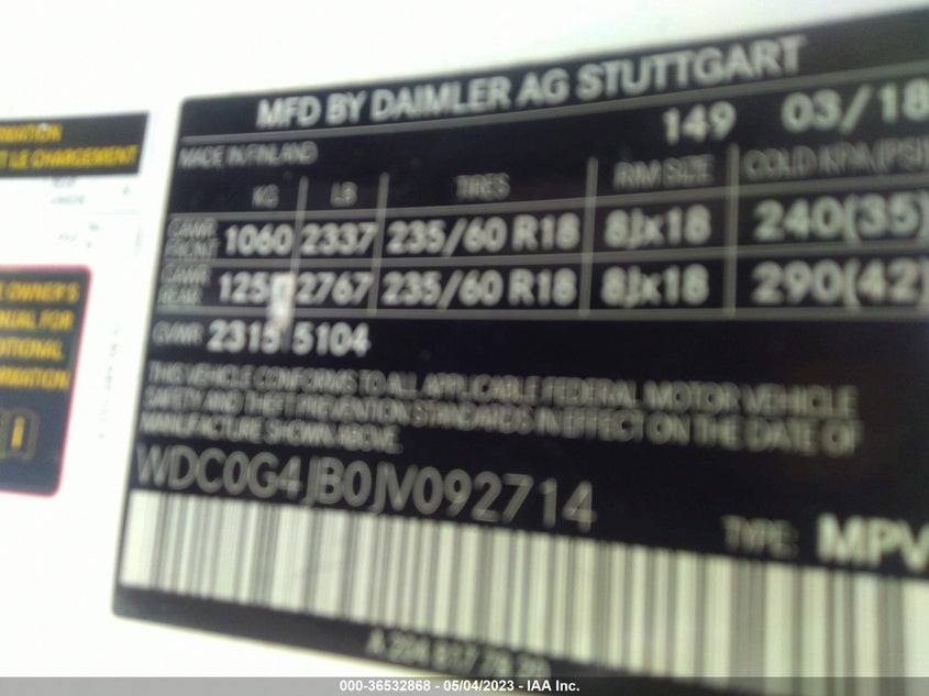 VIN WDC0G4JB0JV092714 2018 MERCEDES-BENZ GLC GLC 300