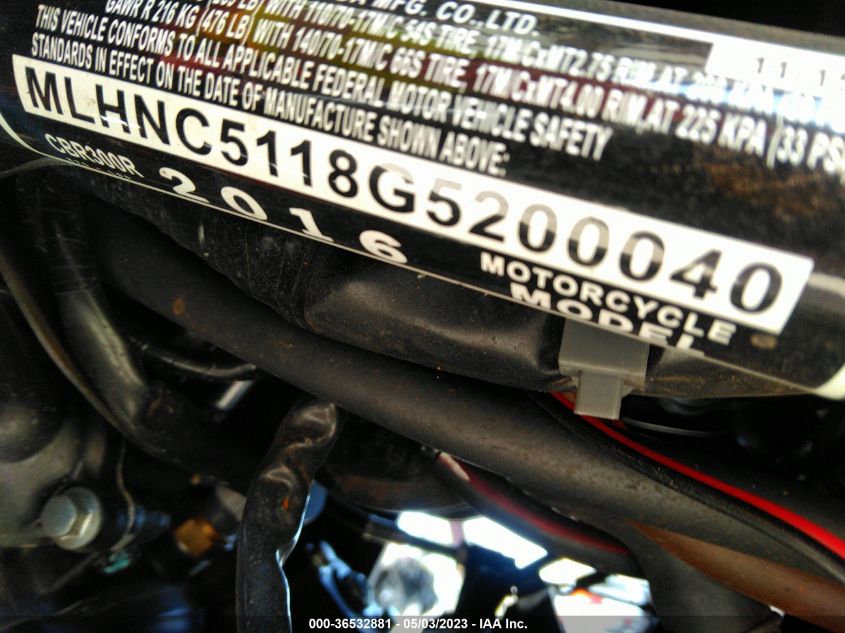 2016 HONDA CBR300 R MLHNC5118G5200040