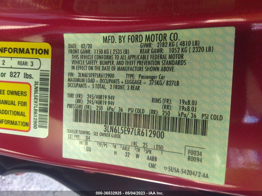 VIN 3LN6L5E97LR612900 2020 LINCOLN MKZ RESERVE