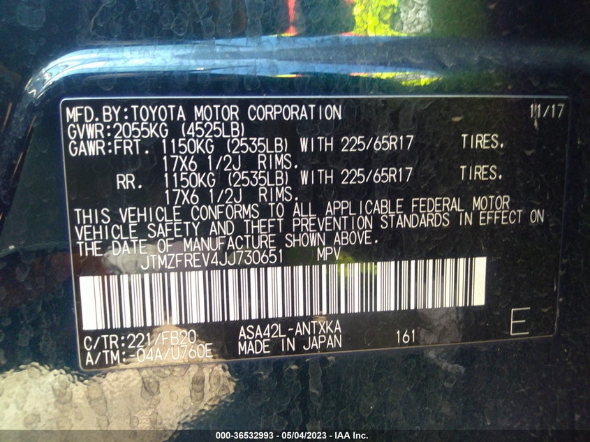 VIN JTMZFREV4JJ730651 2018 TOYOTA RAV4 LE
