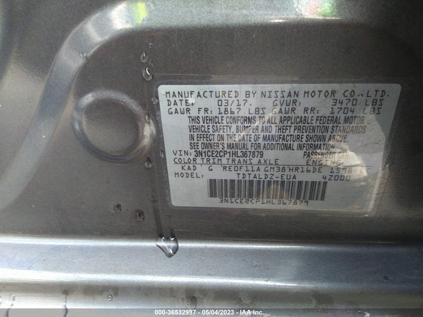 VIN 3N1CE2CP1HL367879 2017 NISSAN VERSA NOTE SV