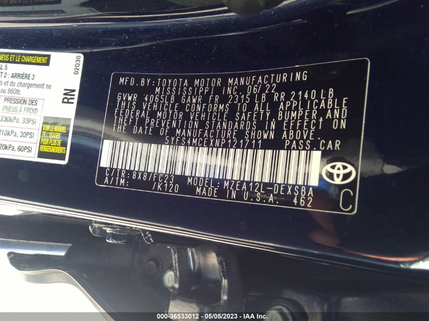 2022 TOYOTA COROLLA SE/SE NIGHTSHADE/APEX SE - 5YFS4MCEXNP121711