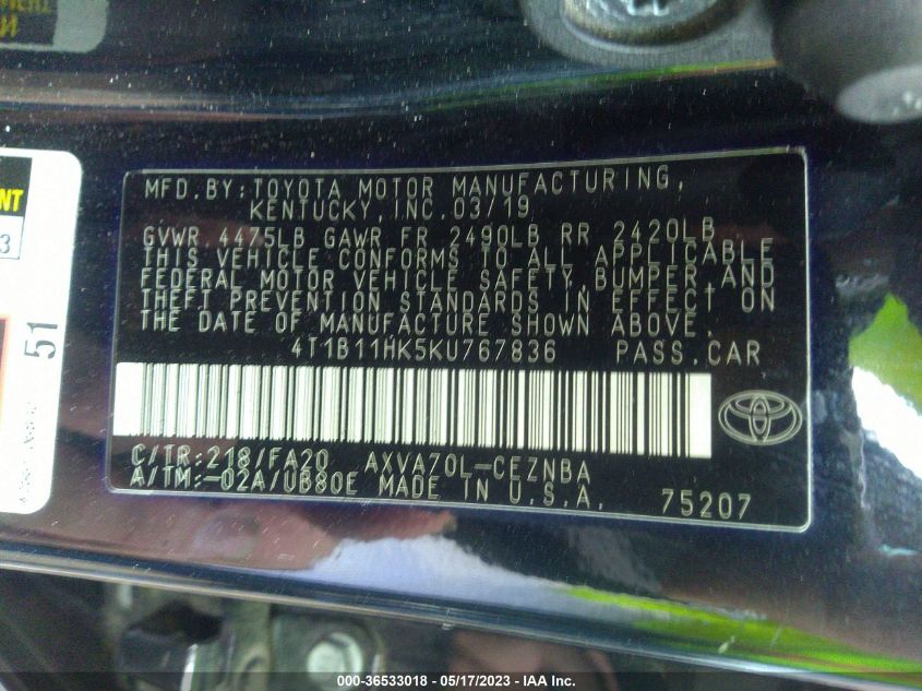 2019 TOYOTA CAMRY LE/SE/XLE/L - 4T1B11HK5KU767836