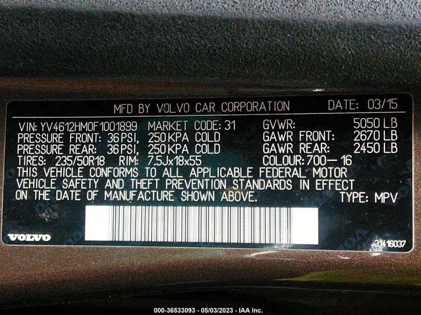 2015 VOLVO V60 CROSS COUNTRY T5 PLATINUM YV4612HM0F1001899