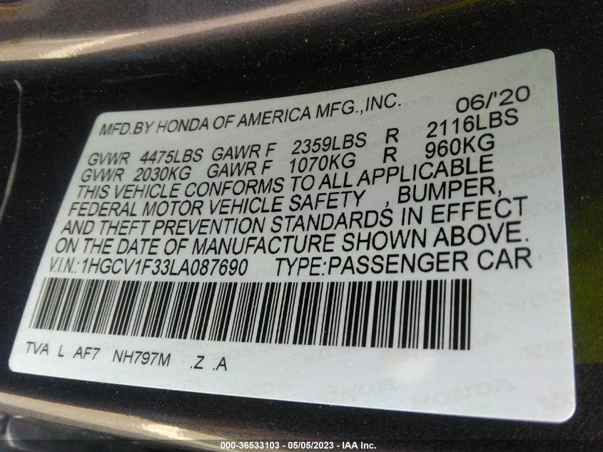 2020 HONDA ACCORD SEDAN SPORT - 1HGCV1F33LA087690