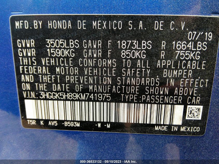 2019 HONDA FIT EX - 3HGGK5H89KM741975