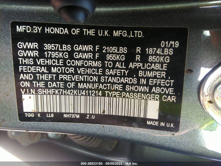2019 HONDA CIVIC HATCHBACK SPORT - SHHFK7H42KU411214