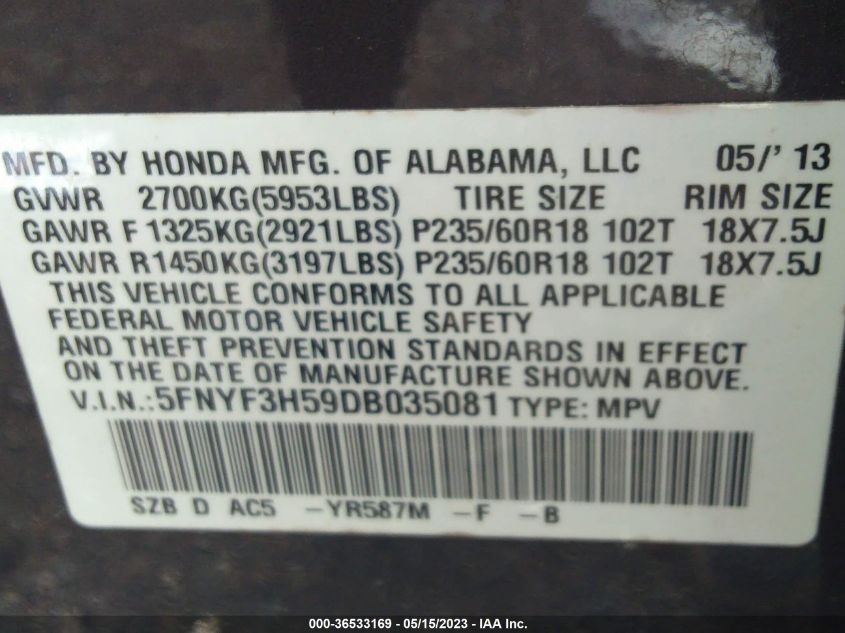 2013 HONDA PILOT EX-L - 5FNYF3H59DB035081