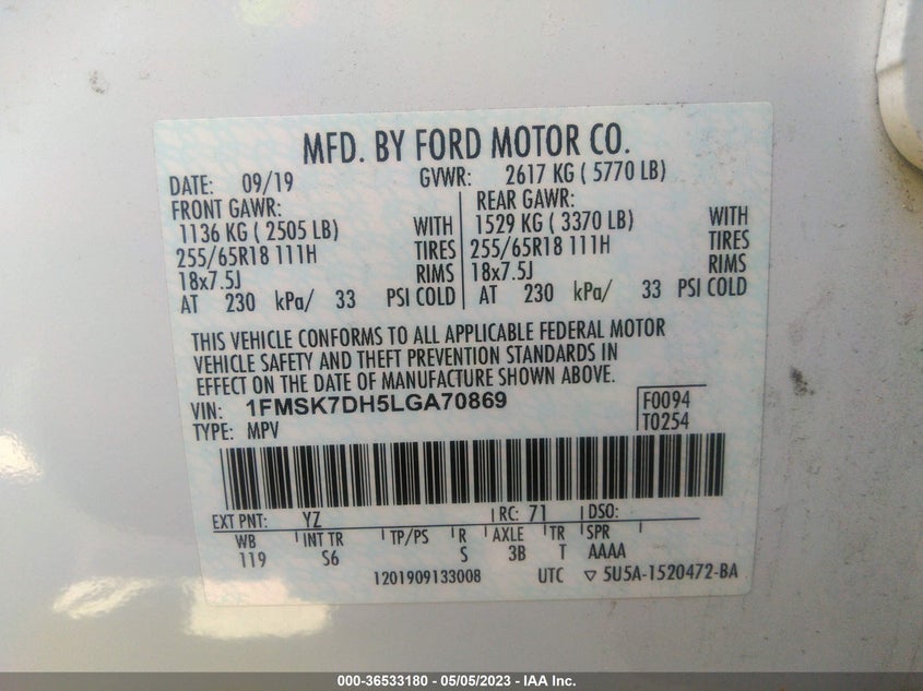 VIN 1FMSK7DH5LGA70869 2020 FORD EXPLORER XLT