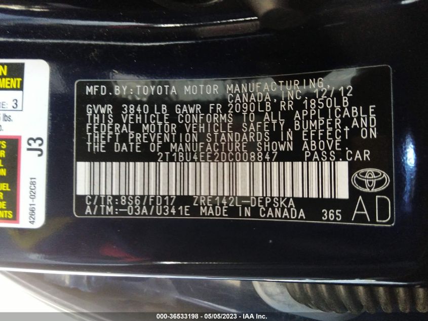 2013 TOYOTA COROLLA L/LE/S - 2T1BU4EE2DC008847