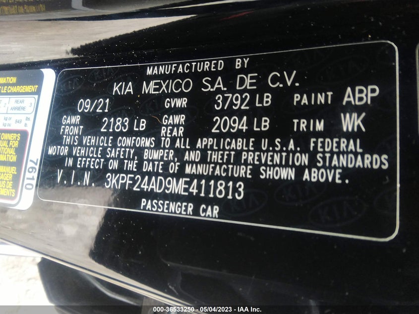 VIN 3KPF24AD9ME411813 2021 KIA FORTE LXS