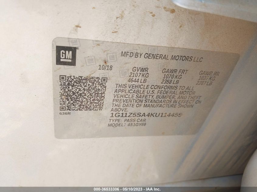 2019 CHEVROLET IMPALA LT - 1G11Z5SA4KU114455