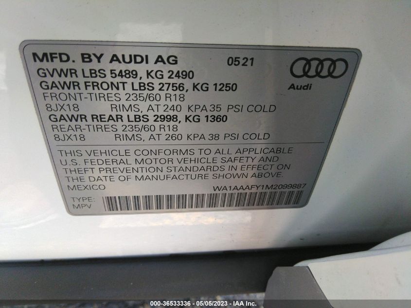 2021 AUDI Q5 PREMIUM - WA1AAAFY1M2099887