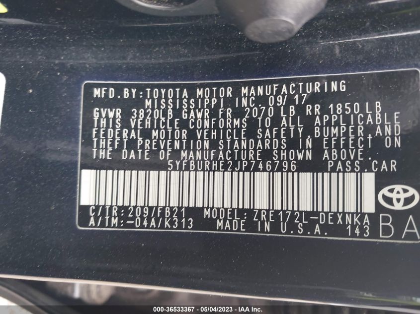 2018 TOYOTA COROLLA L/LE/XLE/SE/XSE - 5YFBURHE2JP746796