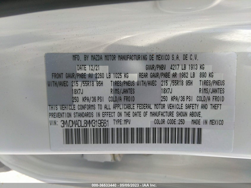 VIN 3MVDMADL8MM319681 2021 MAZDA CX-30 PREMIUM