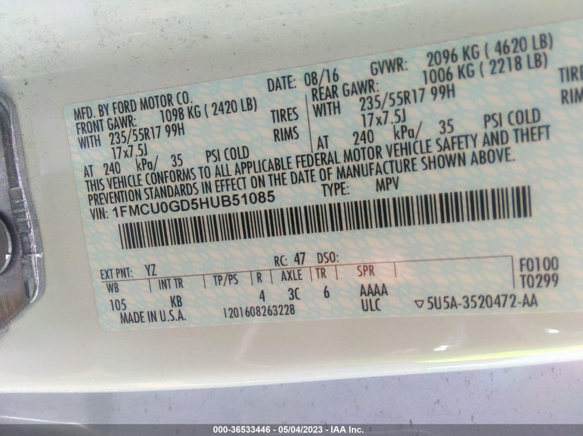 VIN 1FMCU0GD5HUB51085 2017 FORD ESCAPE SE
