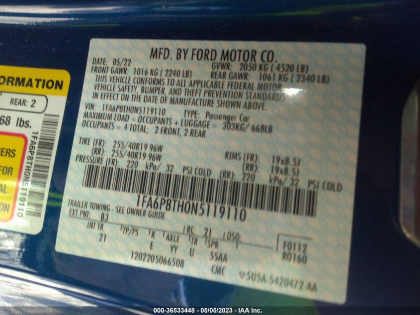 2022 FORD MUSTANG ECOBOOST - 1FA6P8TH0N5119110