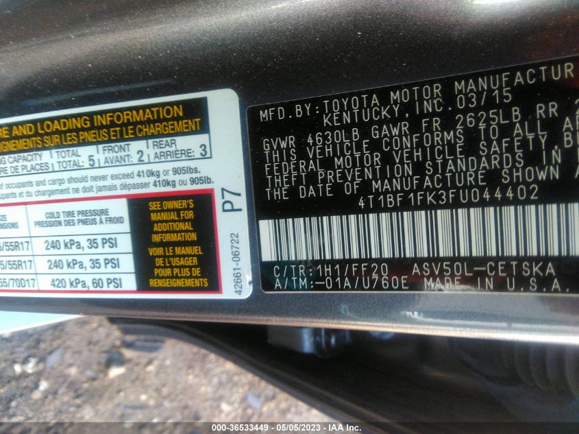 2015 TOYOTA CAMRY XLE/SE/LE/XSE - 4T1BF1FK3FU044402