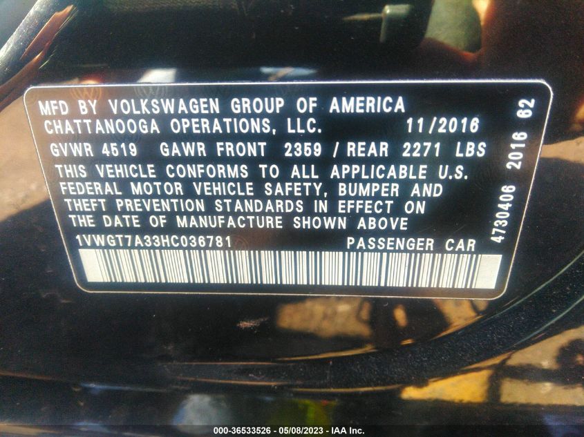 2017 VOLKSWAGEN PASSAT 1.8T SE W/TECHNOLOGY - 1VWGT7A33HC036781