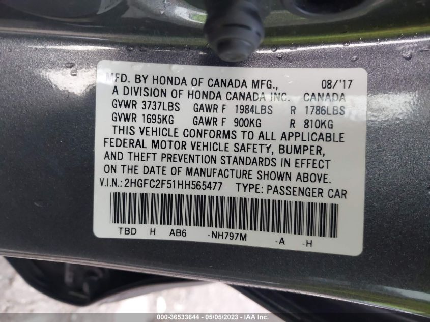 2017 HONDA CIVIC SEDAN LX - 2HGFC2F51HH565477