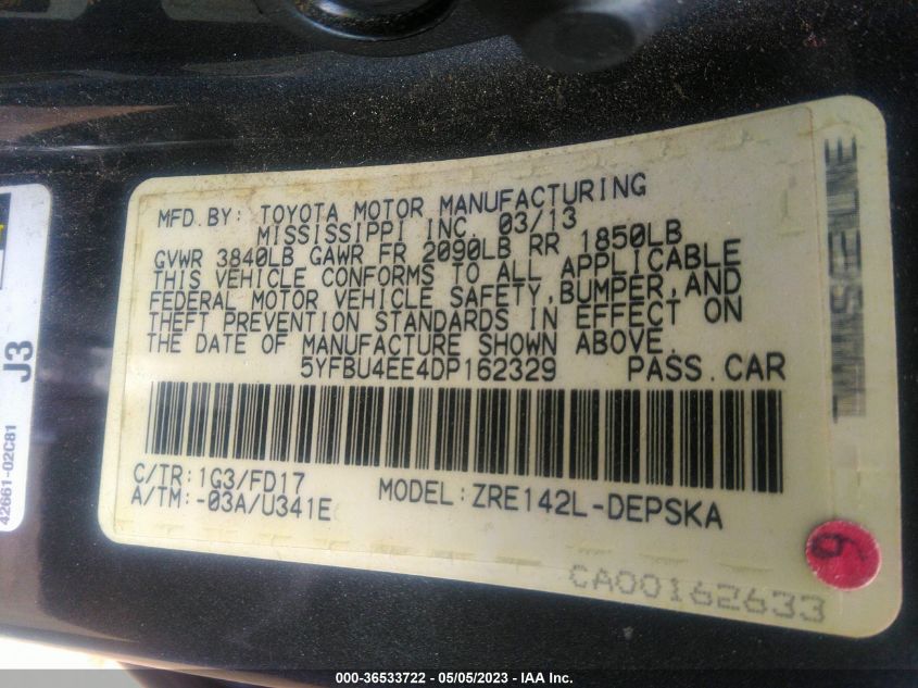 2013 TOYOTA COROLLA L/LE/S - 5YFBU4EE4DP162329