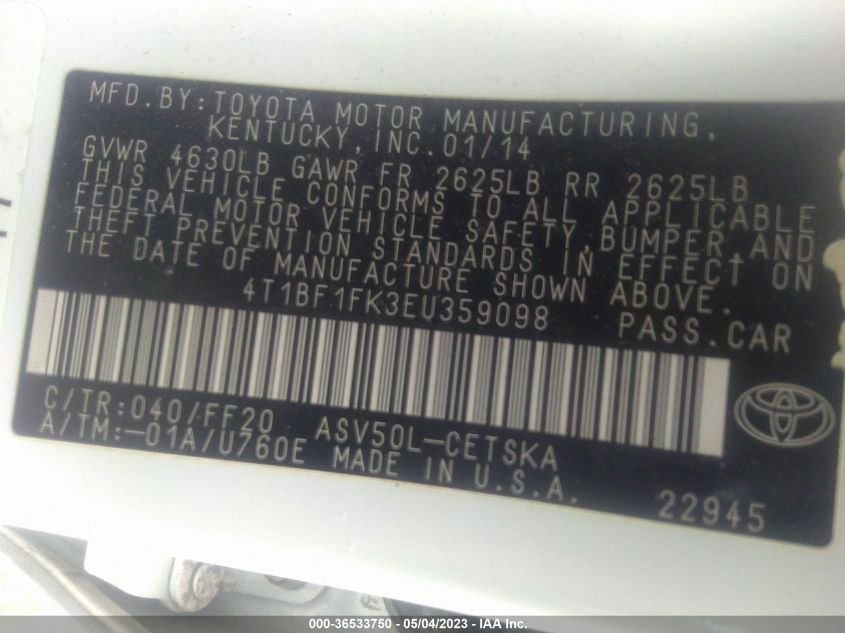 2014 TOYOTA CAMRY L/LE/XLE/SE/SE SPORT - 4T1BF1FK3EU359098